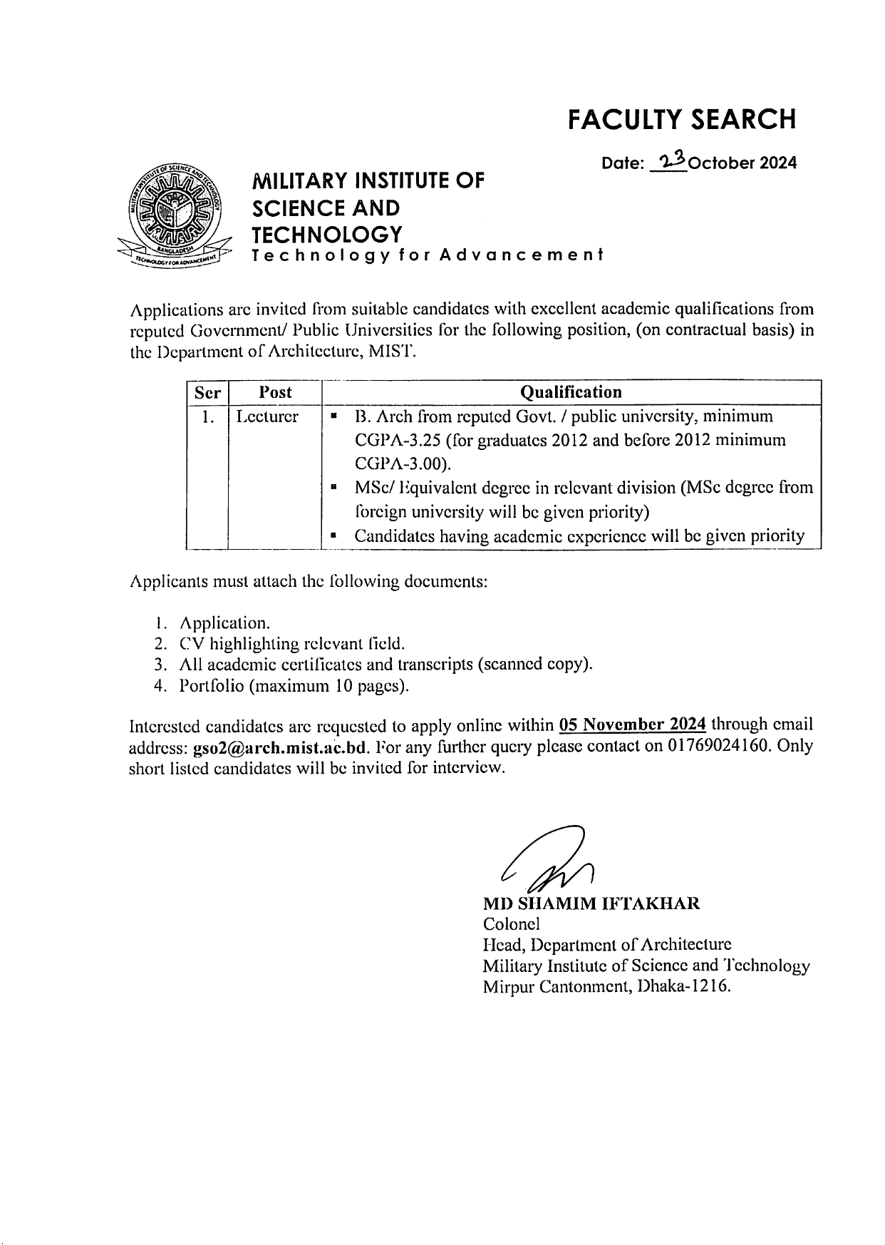 Employment Opportunity at Department of Architecture ( Faculty)